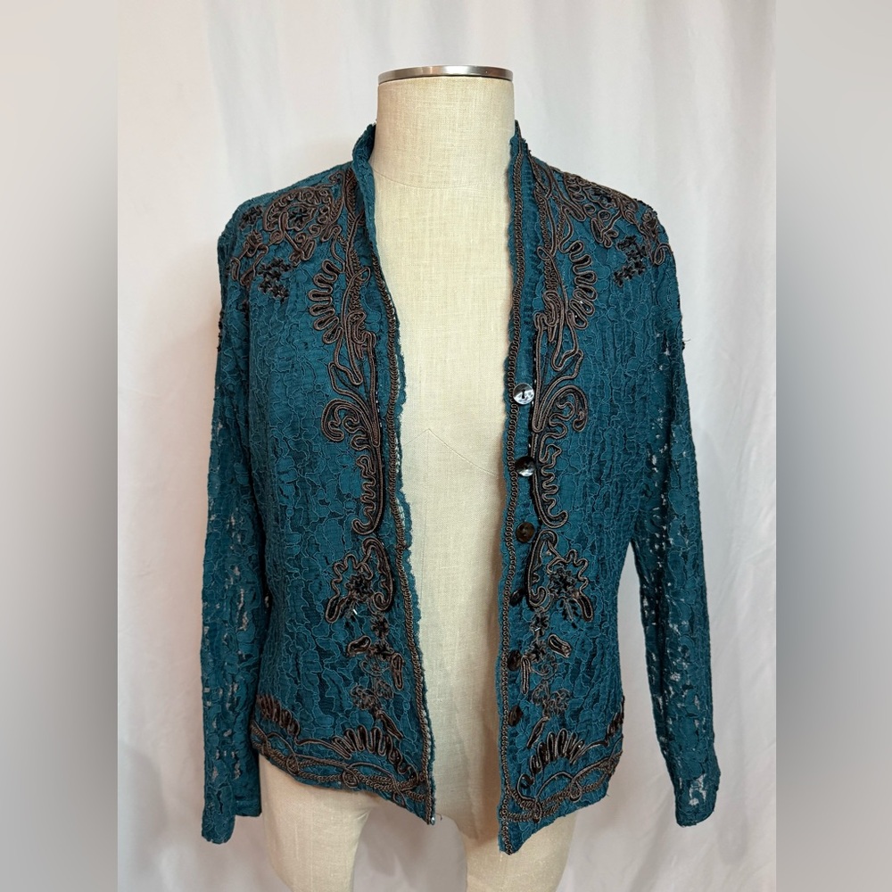 Teal Lace Embroidered Cardigan by Cold‎ water Creek